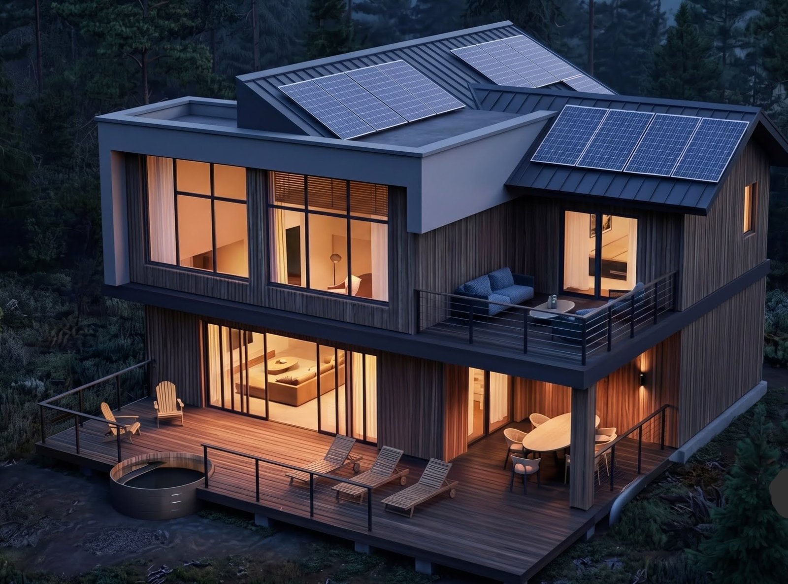 Modern home with rooftop solar panels at dusk